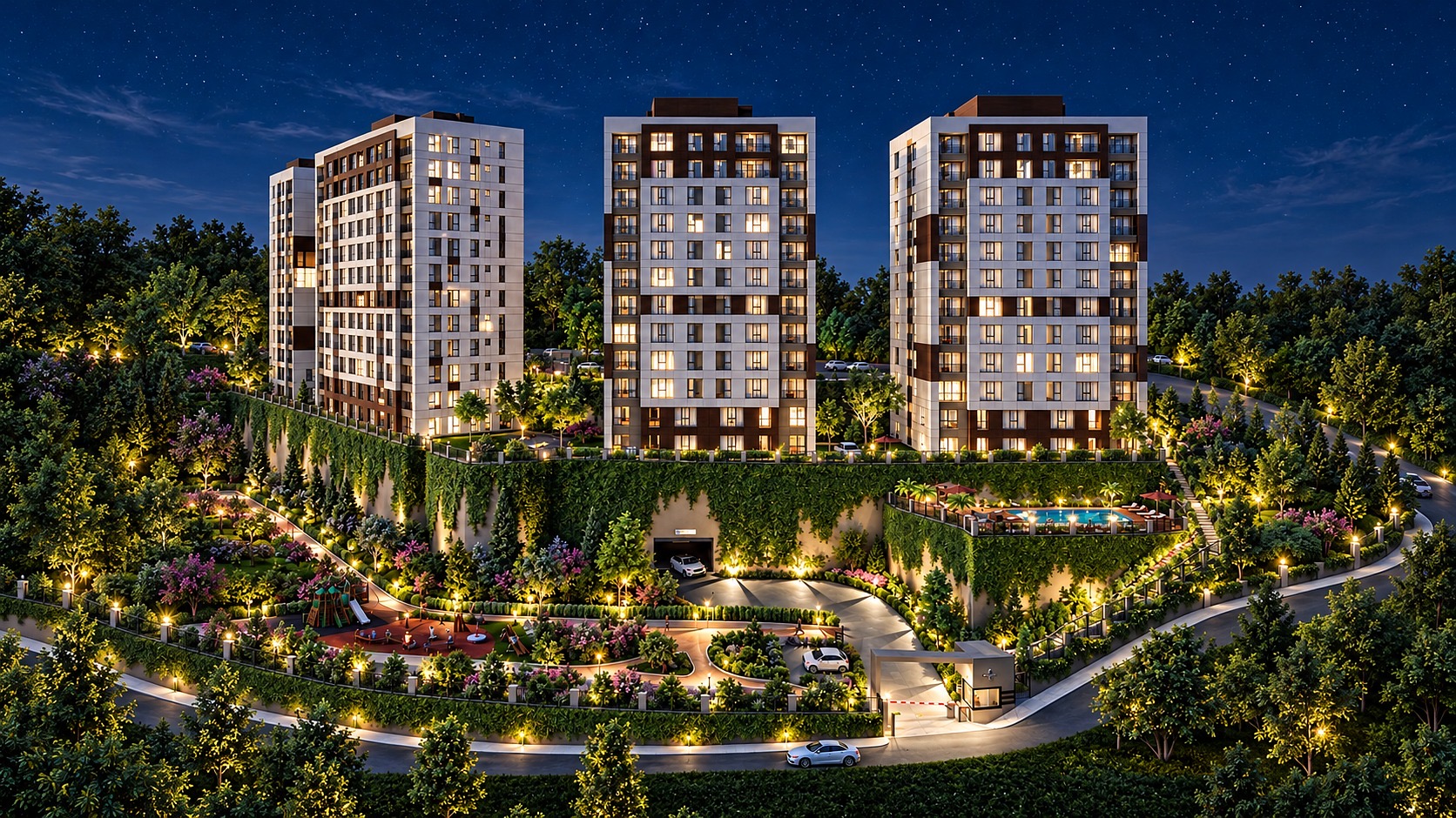 Gece aydınlatmalı konut sitesi peyzajı: teraslı yamaç, sarmaşıklı istinat duvarları ve bahçe aydınlatması