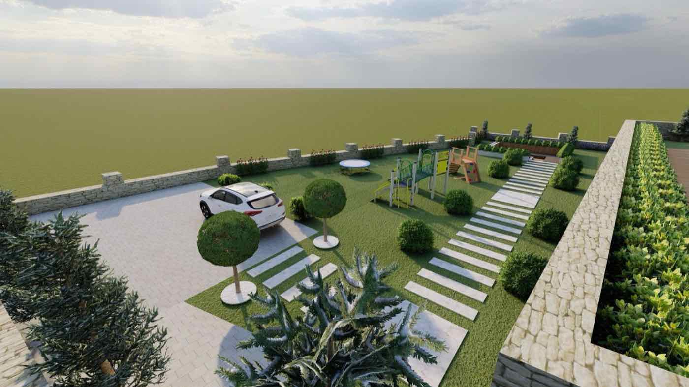 3D peyzaj projesi: otopark, oyun alanı ve taş yürüyüş yolu — Karadağ Peyzaj