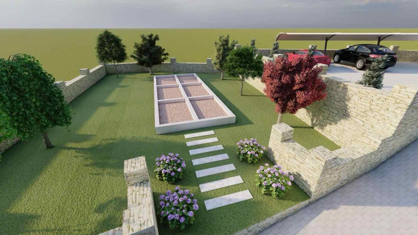 3D peyzaj projesi: yükseltilmiş yataklar, adım taşları ve taş duvar — Karadağ Peyzaj