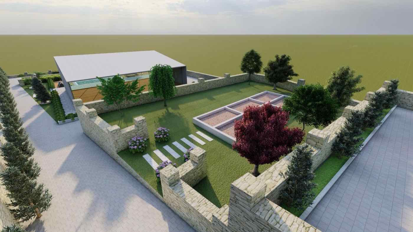 3D peyzaj projesi: hobi bahçesi yatakları ve havuzlu yapı — Karadağ Peyzaj